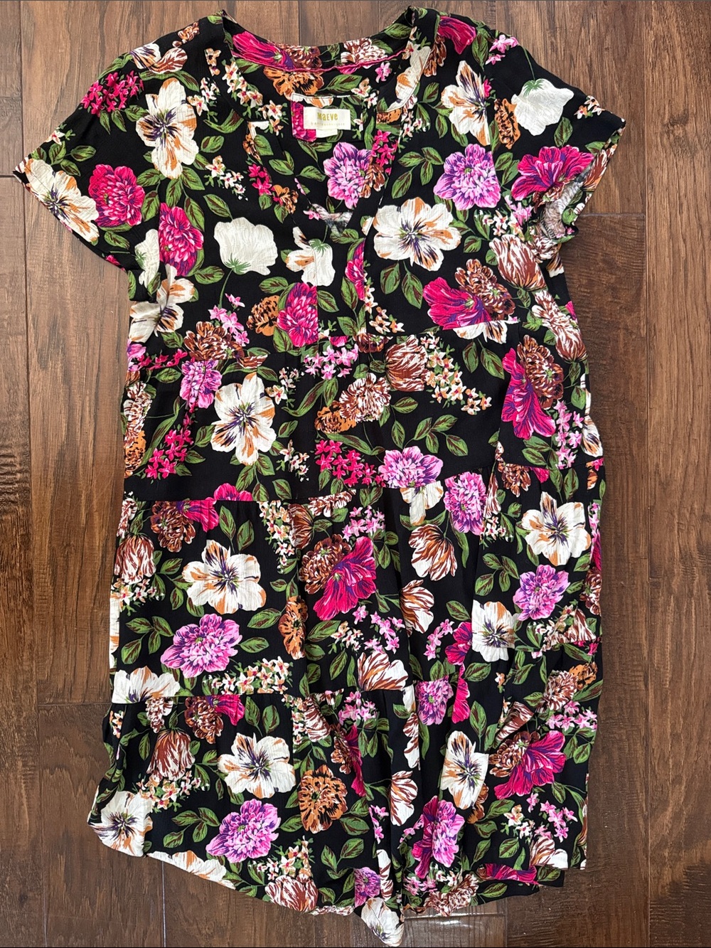 Maeve Black Floral Short Sleeve Tiered Dress